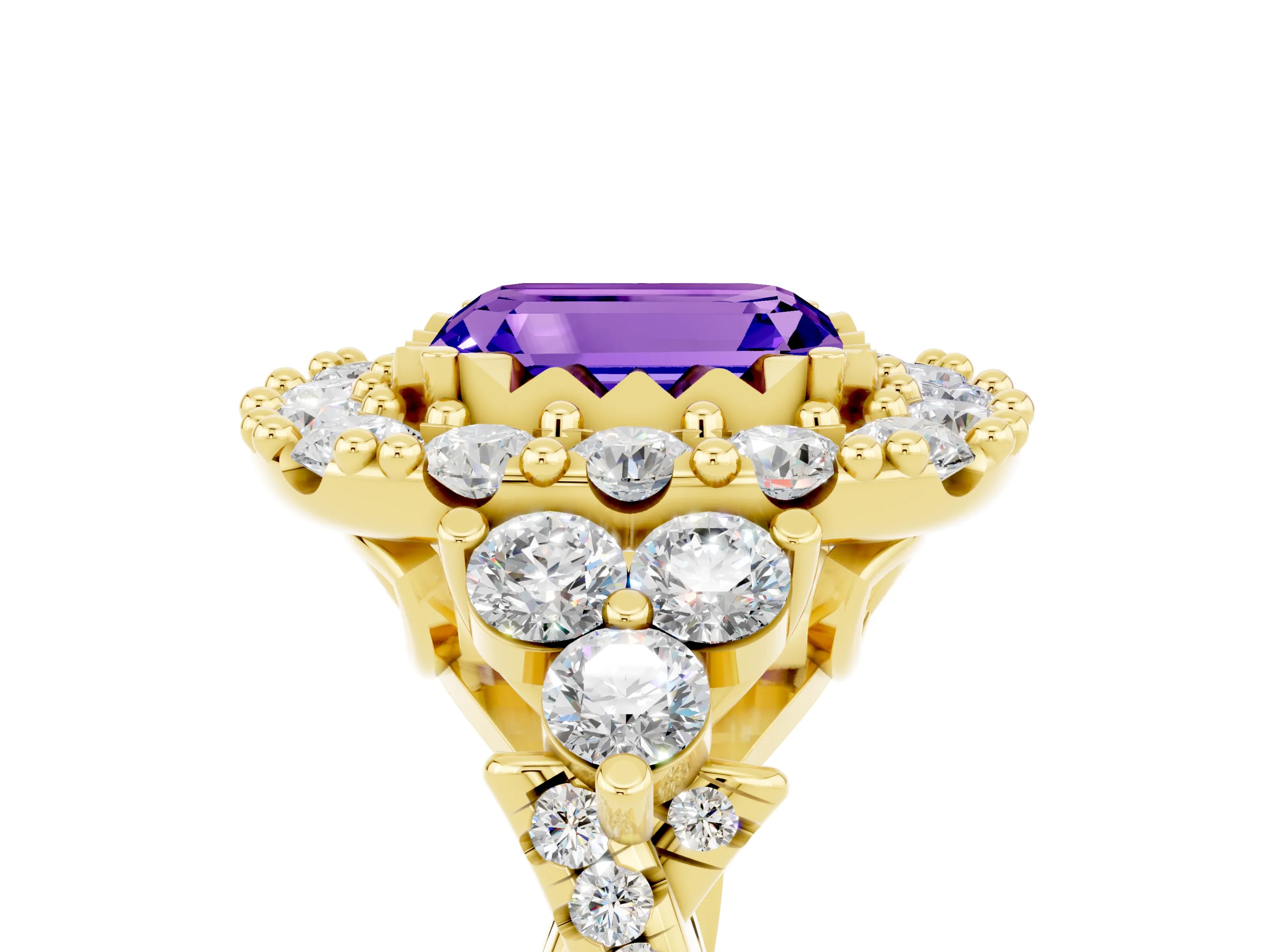 Yellow gold Emerald Cut Tanzanite Halo Ring with Pavé Band and Four-Prong Setting_17