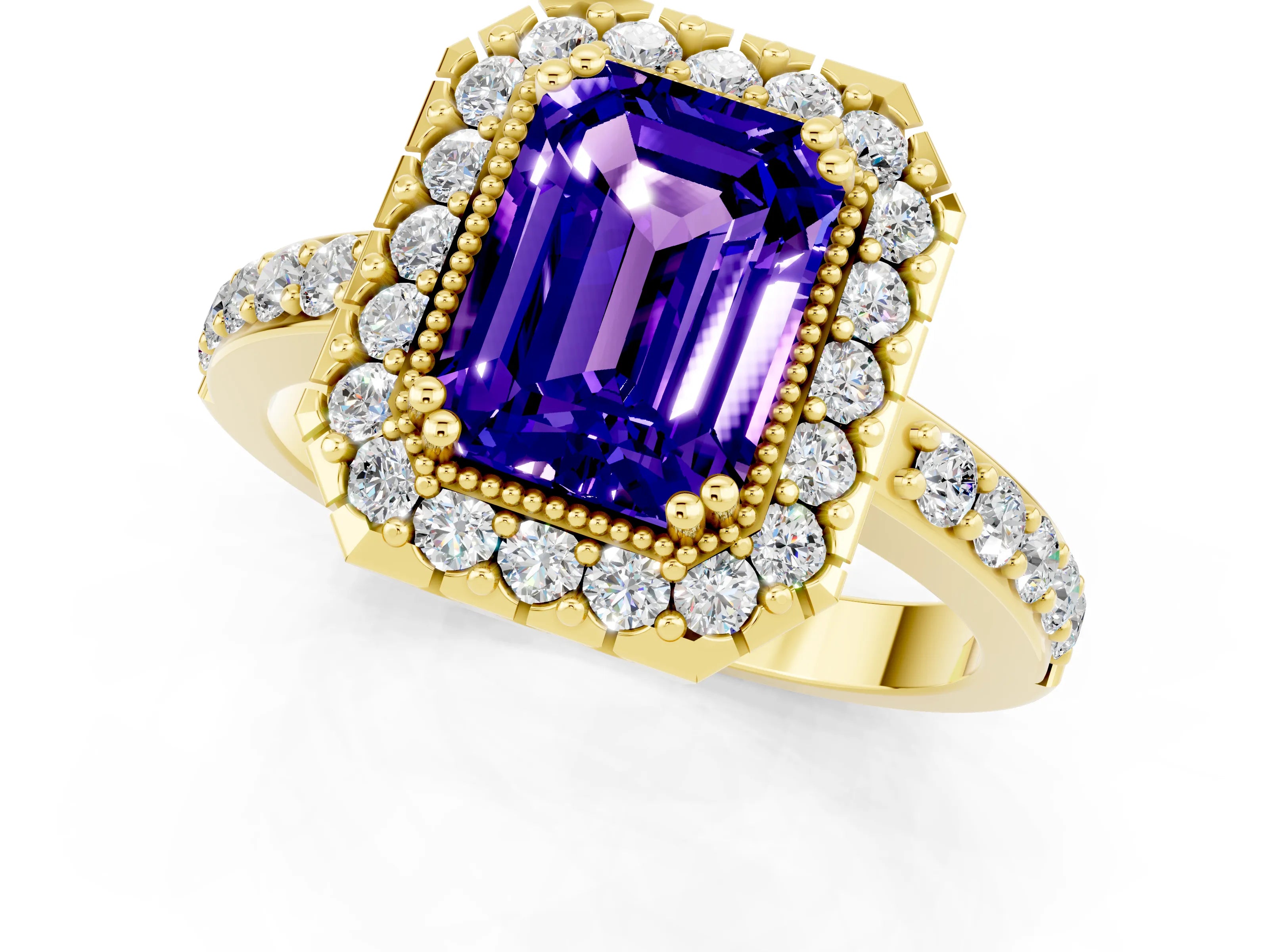 Yellow gold Emerald Cut Tanzanite Halo Ring with Pavé Band and Prong Setting_1
