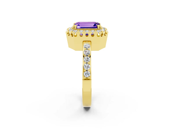 Yellow gold Emerald Cut Tanzanite Halo Ring with Pavé Band and Prong Setting