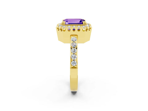 Yellow gold Emerald Cut Tanzanite Halo Ring with Pavé Band and Prong Setting_2