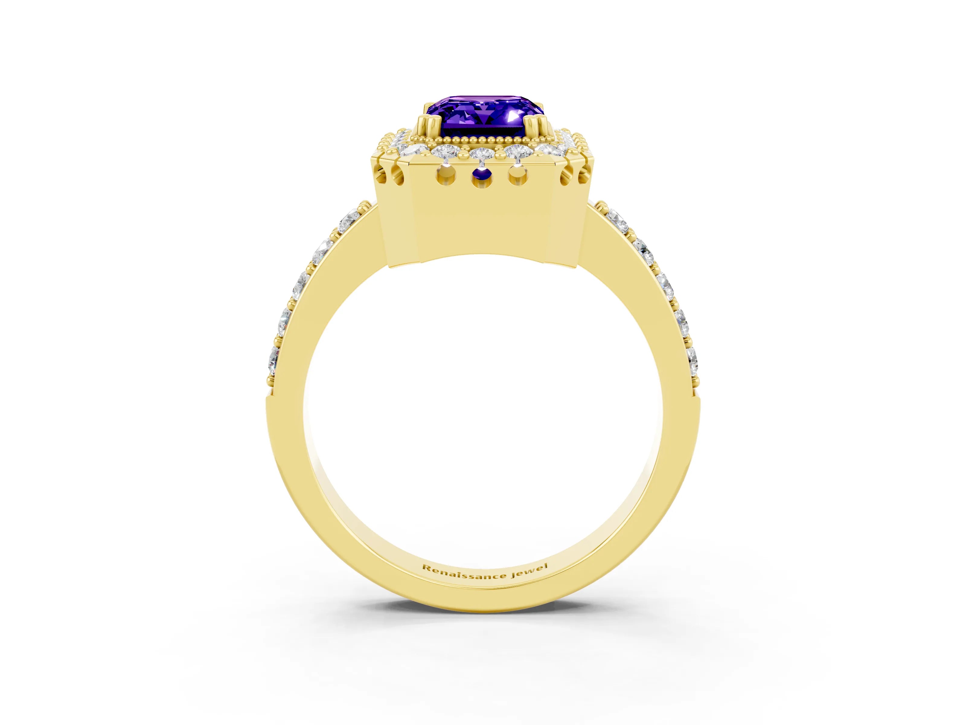 Yellow gold Emerald Cut Tanzanite Halo Ring with Pavé Band and Prong Setting_3