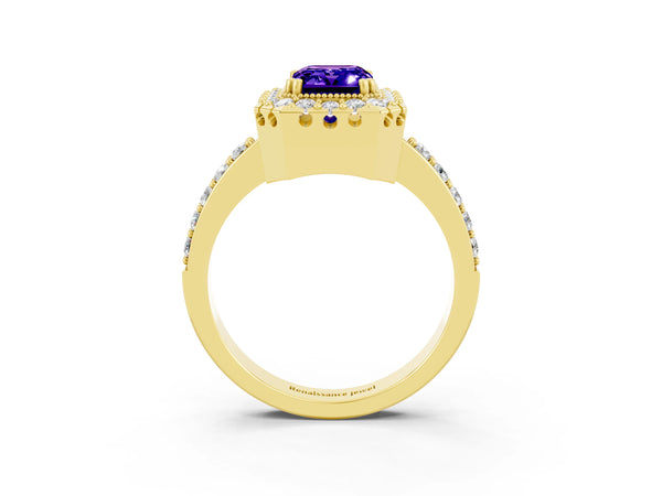 Yellow gold Emerald Cut Tanzanite Halo Ring with Pavé Band and Prong Setting