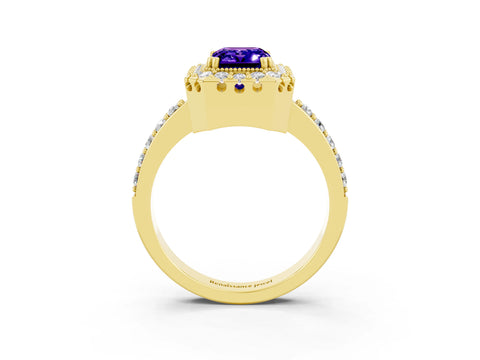 Yellow gold Emerald Cut Tanzanite Halo Ring with Pavé Band and Prong Setting_3