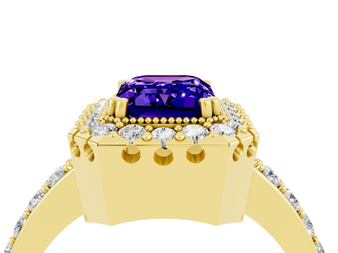 Yellow gold Emerald Cut Tanzanite Halo Ring with Pavé Band and Prong Setting_4