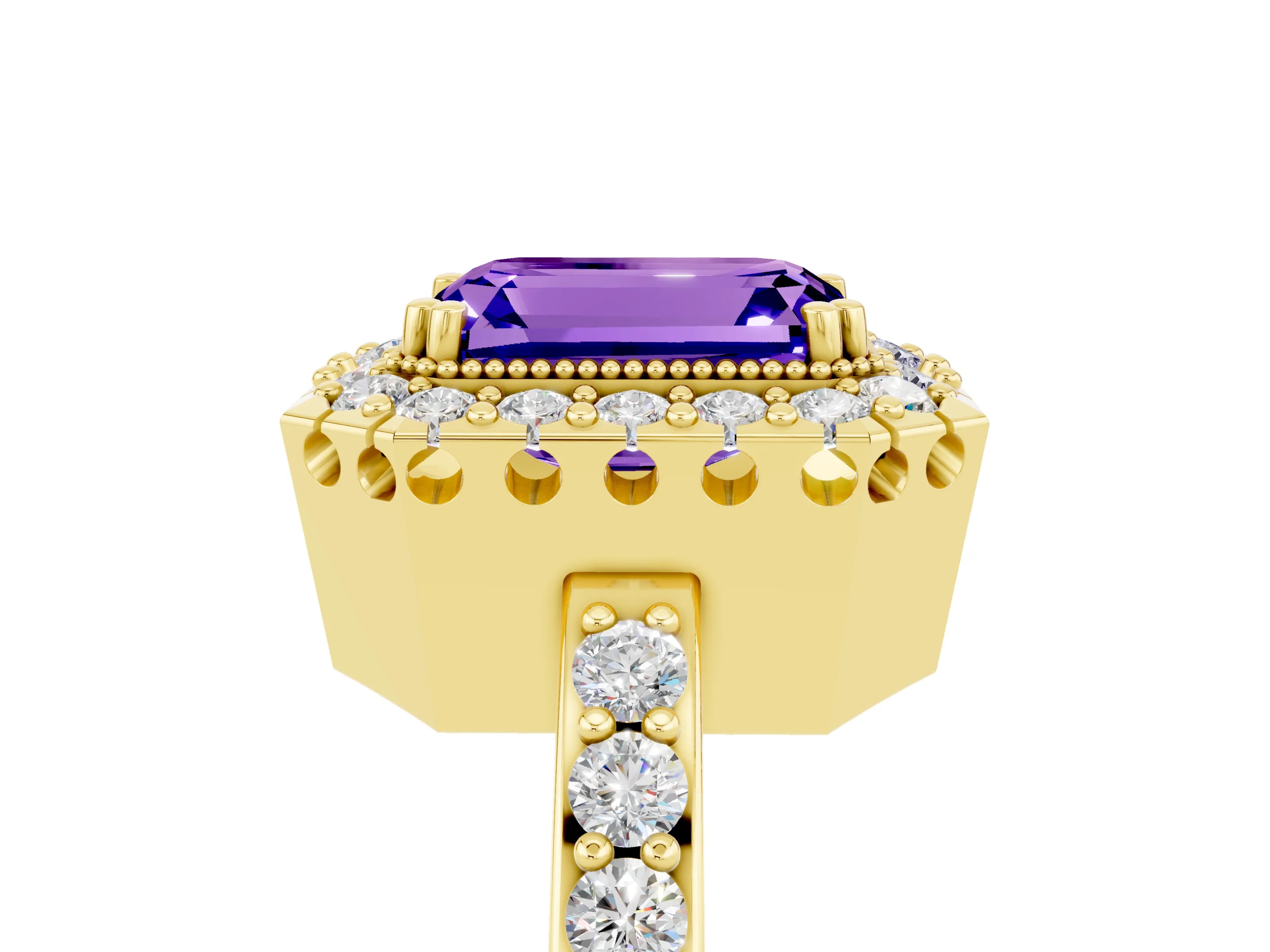 Yellow gold Emerald Cut Tanzanite Halo Ring with Pavé Band and Prong Setting_5