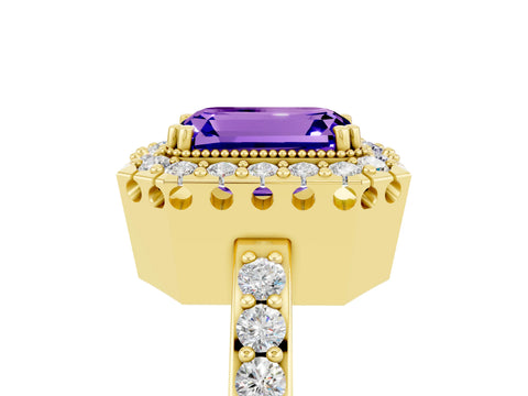 Yellow gold Emerald Cut Tanzanite Halo Ring with Pavé Band and Prong Setting_5