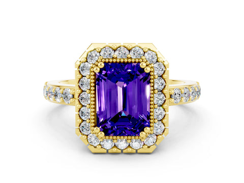 Yellow gold Emerald Cut Tanzanite Halo Ring with Pavé Band and Prong Setting