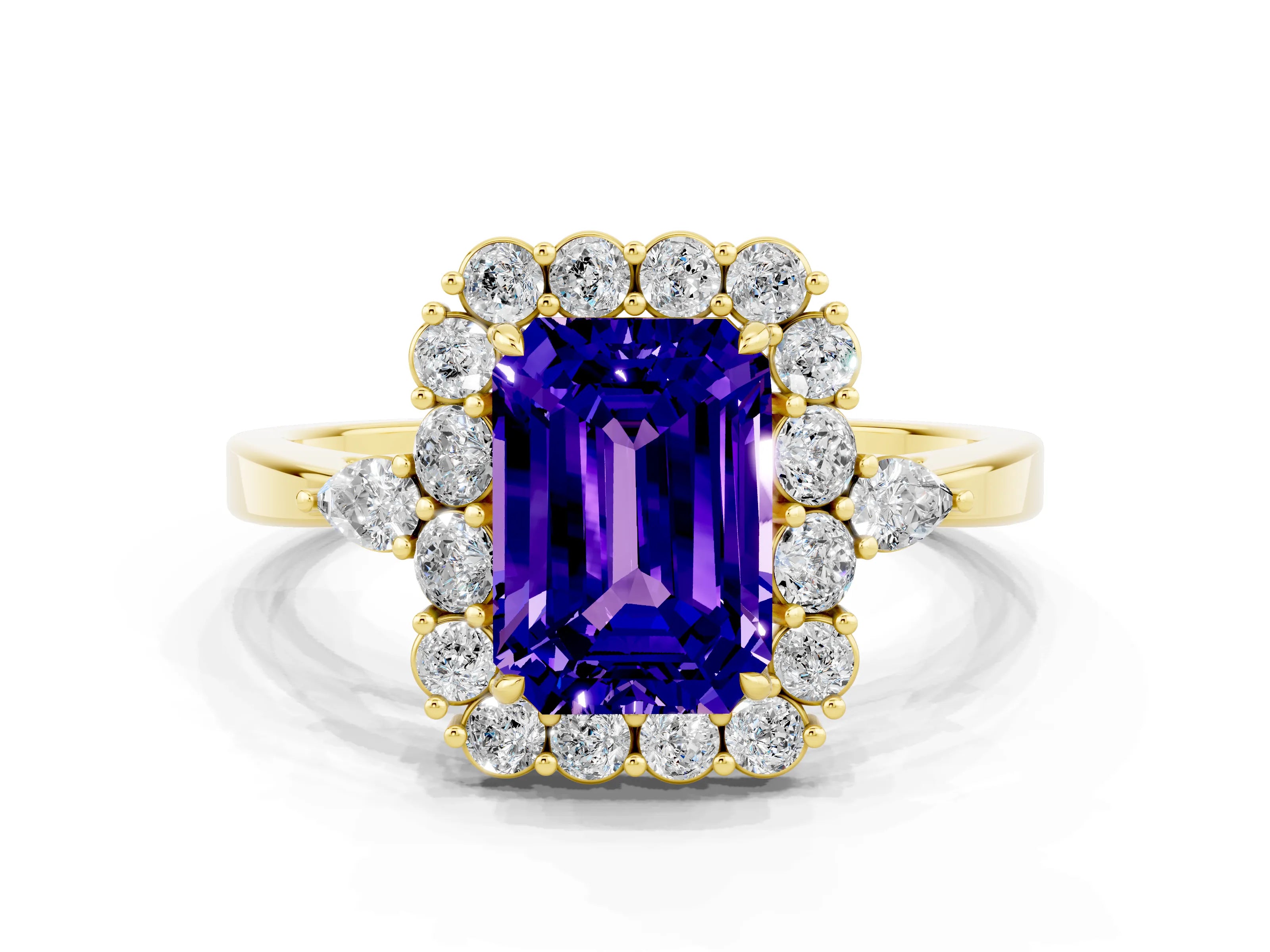Yellow gold Emerald Cut Tanzanite Halo Ring with Pear Side Stones and Prong Setting_12