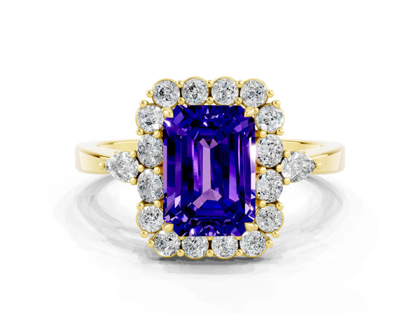 Yellow gold Emerald Cut Tanzanite Halo Ring with Pear Side Stones and Prong Setting