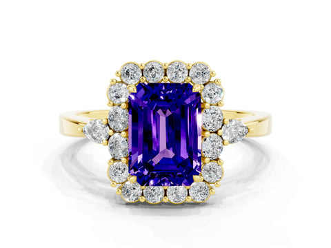 Yellow gold Emerald Cut Tanzanite Halo Ring with Pear Side Stones and Prong Setting_12