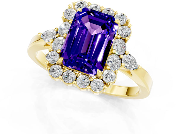 Yellow gold Emerald Cut Tanzanite Halo Ring with Pear Side Stones and Prong Setting