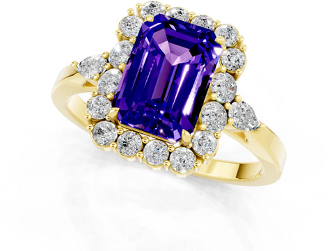 Yellow gold Emerald Cut Tanzanite Halo Ring with Pear Side Stones and Prong Setting_13