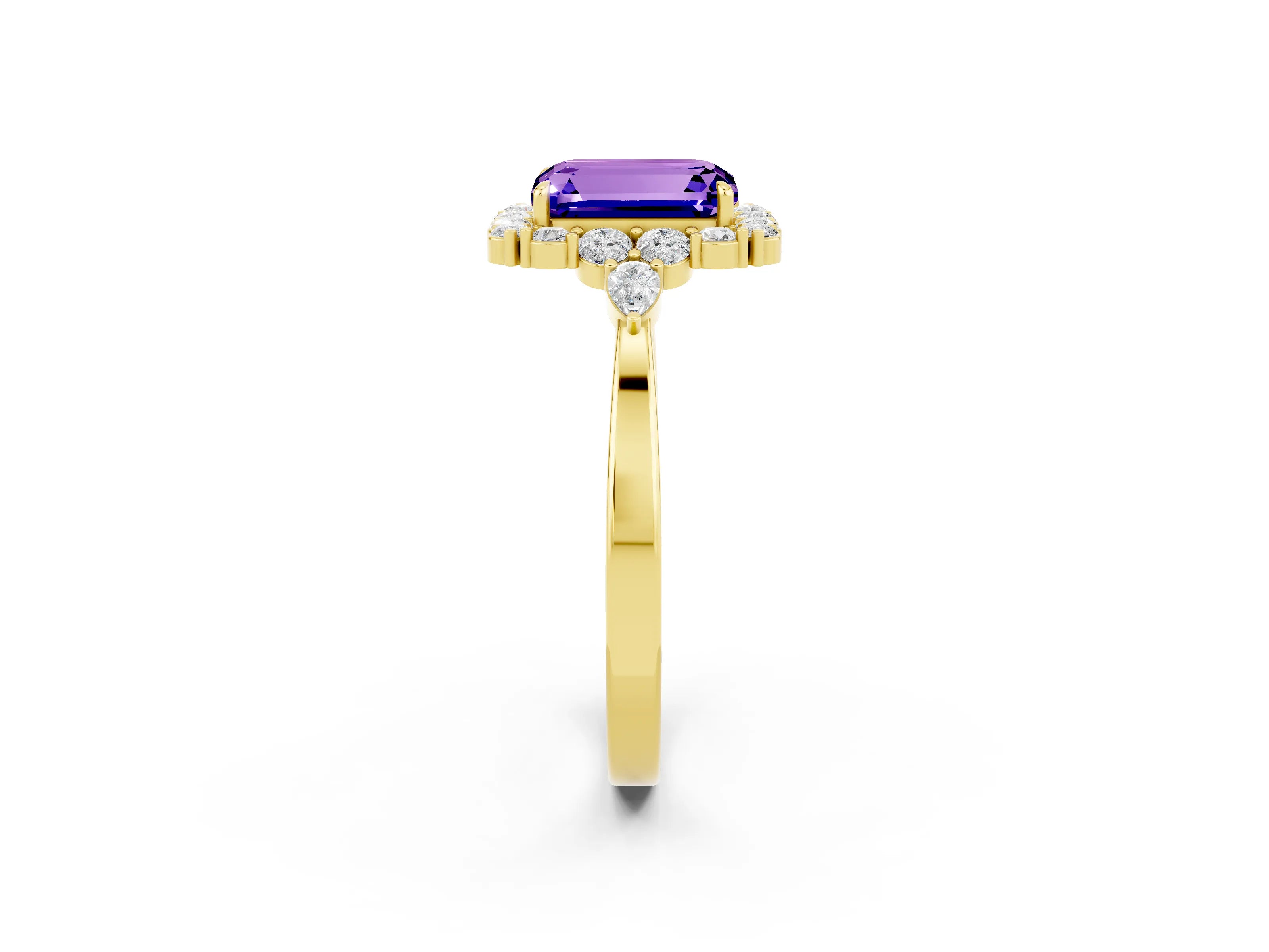 Yellow gold Emerald Cut Tanzanite Halo Ring with Pear Side Stones and Prong Setting_14
