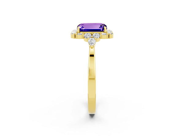 Yellow gold Emerald Cut Tanzanite Halo Ring with Pear Side Stones and Prong Setting