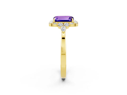Yellow gold Emerald Cut Tanzanite Halo Ring with Pear Side Stones and Prong Setting_14