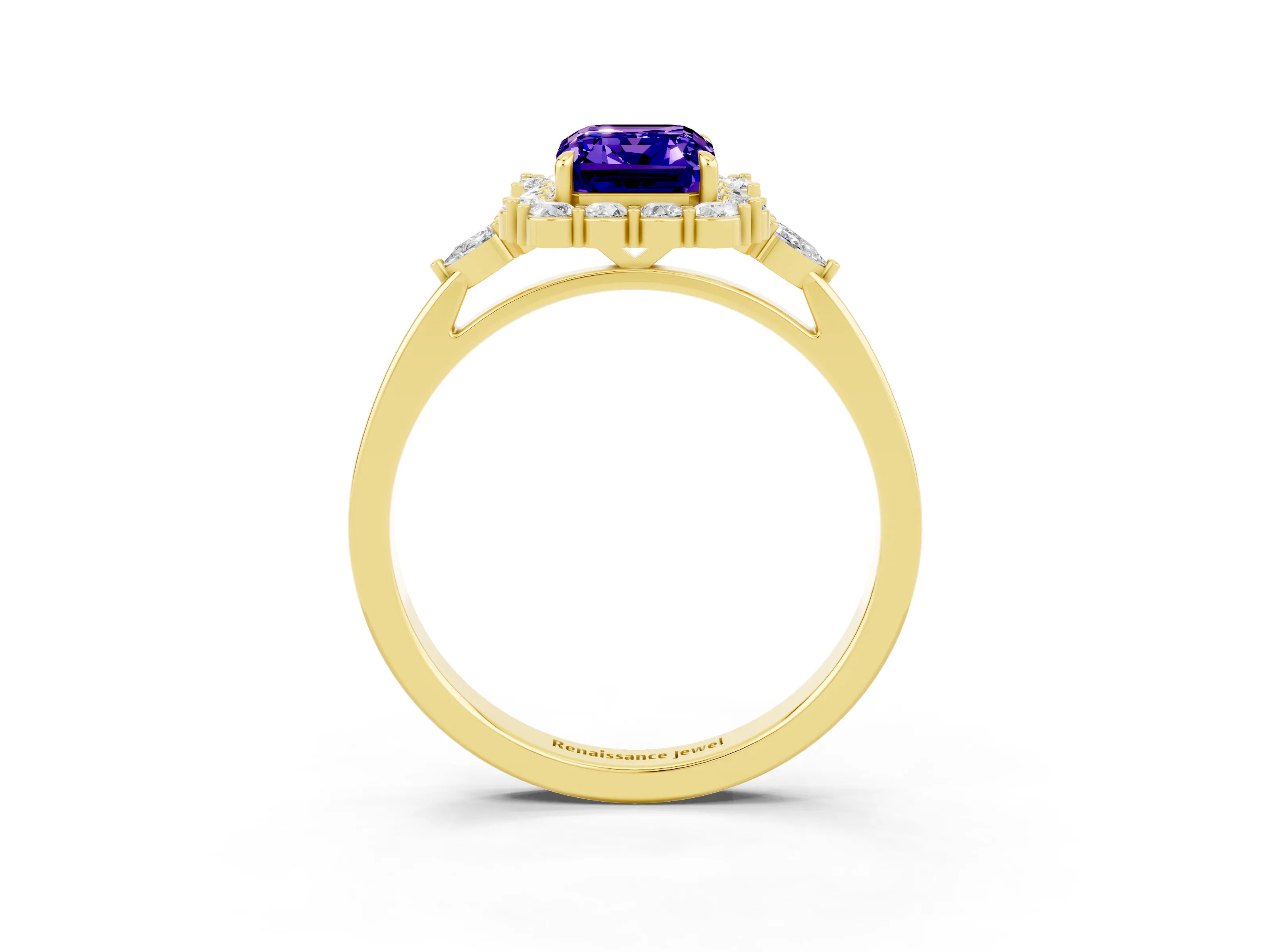Yellow gold Emerald Cut Tanzanite Halo Ring with Pear Side Stones and Prong Setting_15