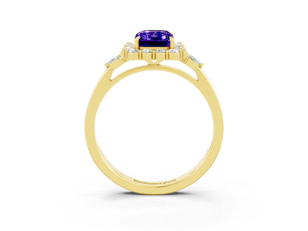 Yellow gold Emerald Cut Tanzanite Halo Ring with Pear Side Stones and Prong Setting