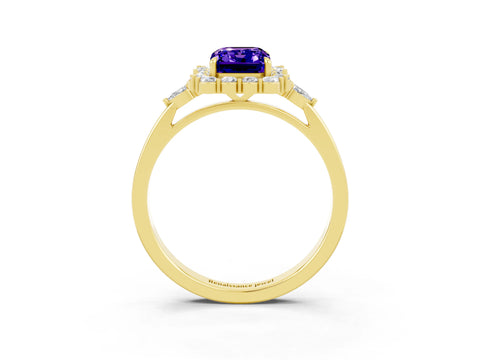 Yellow gold Emerald Cut Tanzanite Halo Ring with Pear Side Stones and Prong Setting_15