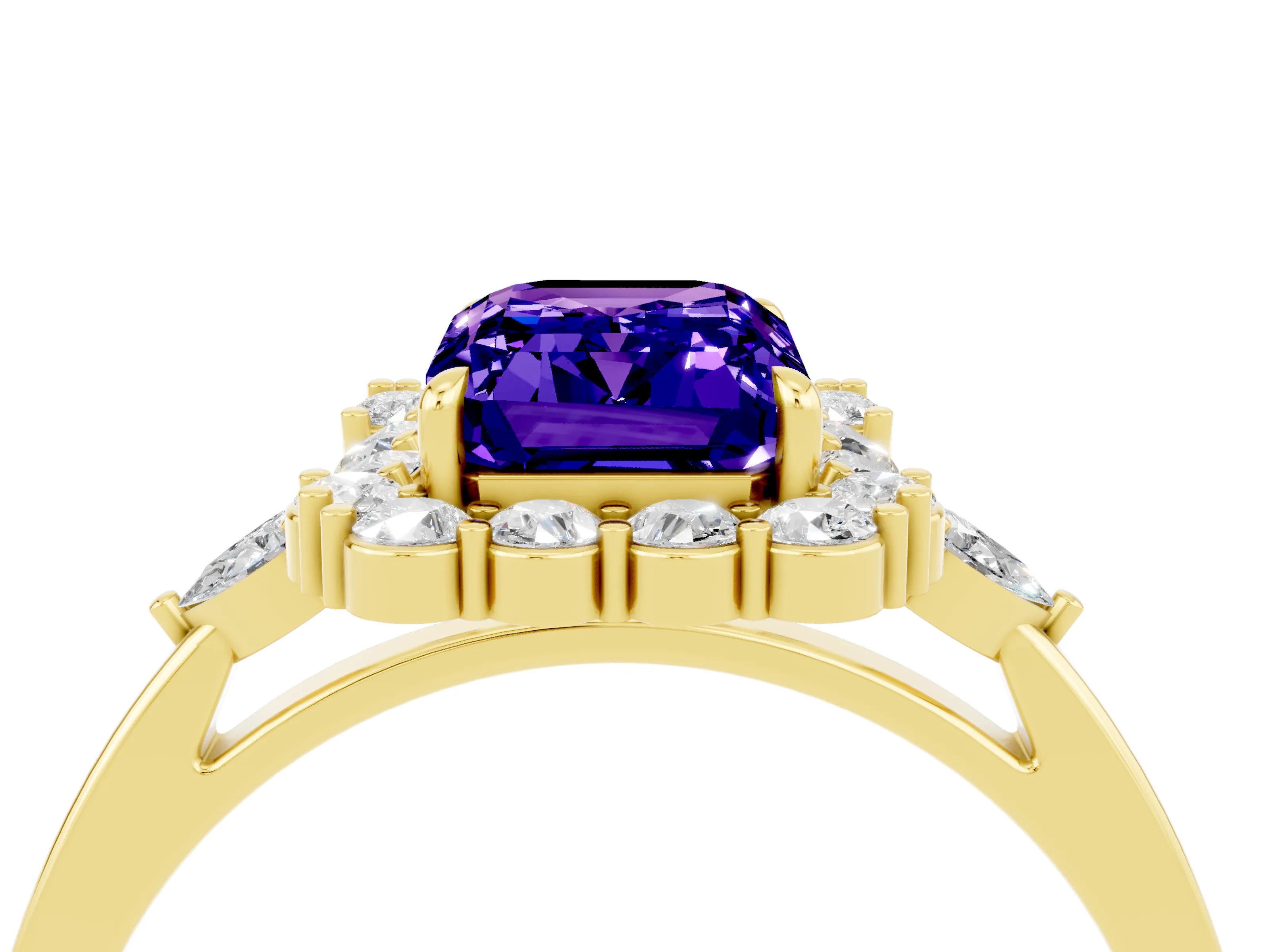 Yellow gold Emerald Cut Tanzanite Halo Ring with Pear Side Stones and Prong Setting_16