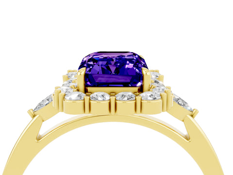 Yellow gold Emerald Cut Tanzanite Halo Ring with Pear Side Stones and Prong Setting_16