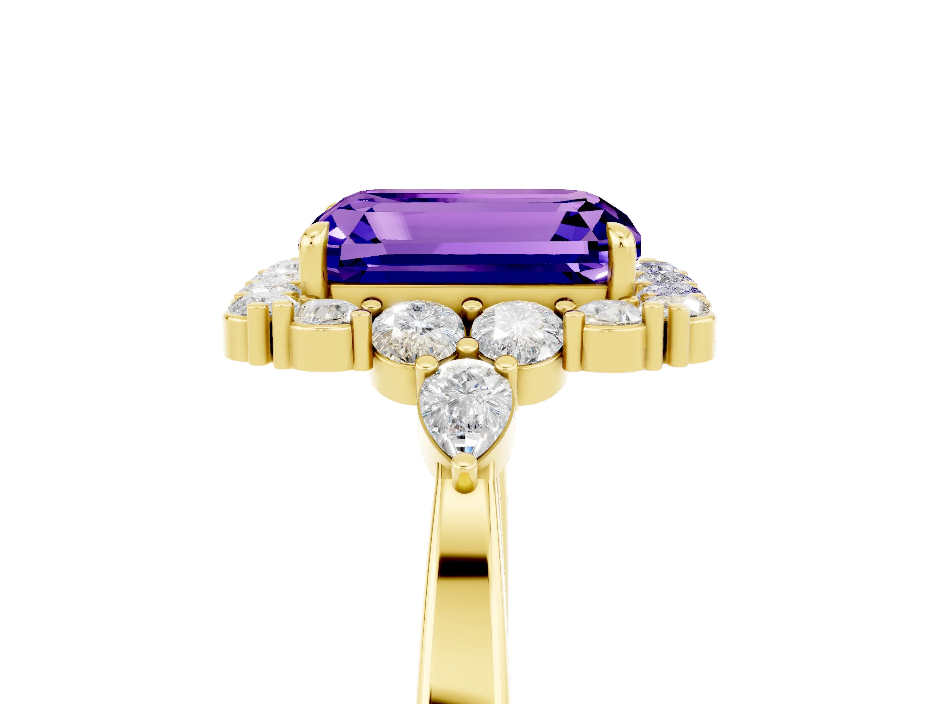 Yellow gold Emerald Cut Tanzanite Halo Ring with Pear Side Stones and Prong Setting_17