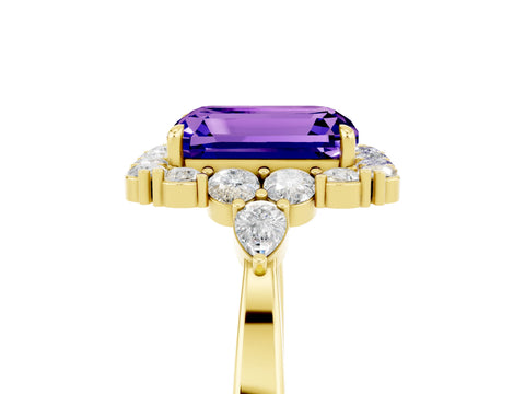 Yellow gold Emerald Cut Tanzanite Halo Ring with Pear Side Stones and Prong Setting_17