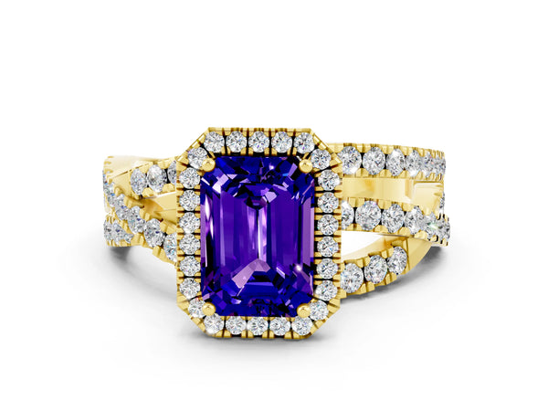 Yellow gold Emerald Cut Tanzanite Halo Ring with Round Split Shank and Prong Setting