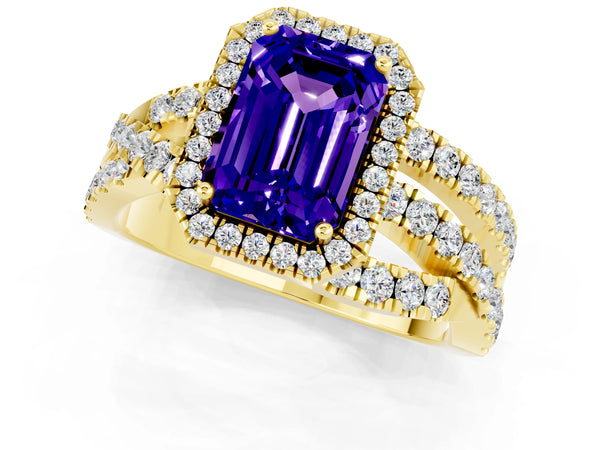 Yellow gold Emerald Cut Tanzanite Halo Ring with Round Split Shank and Prong Setting