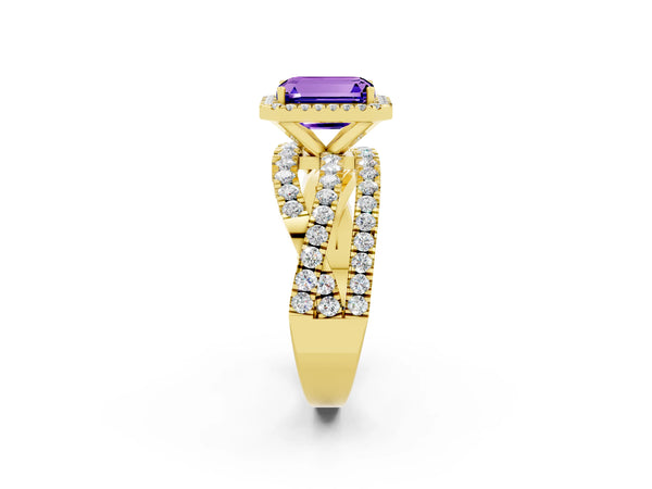 Yellow gold Emerald Cut Tanzanite Halo Ring with Round Split Shank and Prong Setting