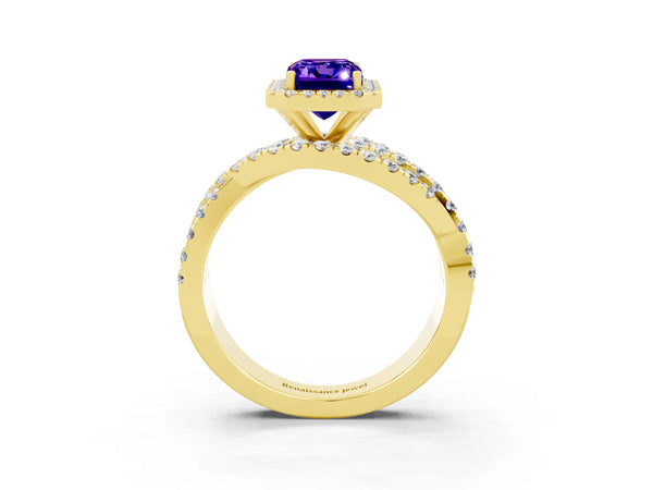 Yellow gold Emerald Cut Tanzanite Halo Ring with Round Split Shank and Prong Setting