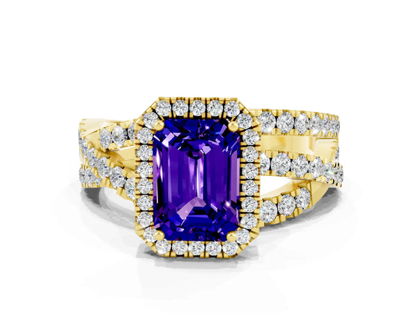 Yellow gold Emerald Cut Tanzanite Halo Ring with Round Split Shank and Prong Setting