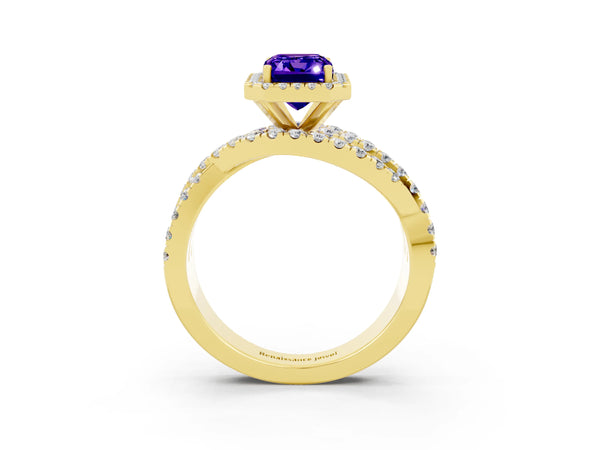 Yellow gold Emerald Cut Tanzanite Halo Ring with Round Split Shank and Prong Setting