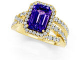 Yellow gold Emerald Cut Tanzanite Halo Ring with Round Split Shank and Prong Setting_49