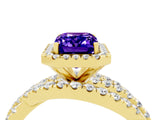 Yellow gold Emerald Cut Tanzanite Halo Ring with Round Split Shank and Prong Setting_52