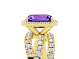 Yellow gold Emerald Cut Tanzanite Halo Ring with Round Split Shank and Prong Setting_53