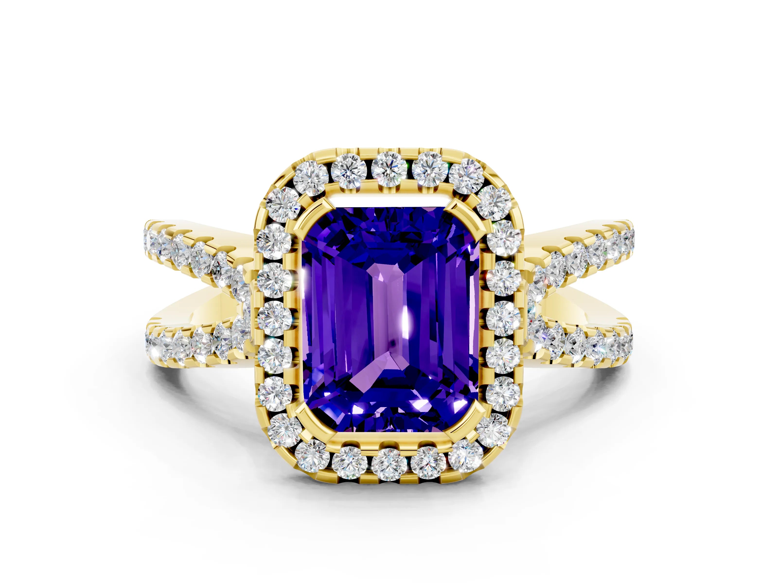 Yellow gold Emerald Cut Tanzanite Halo Ring with Split Shank Pavé Band and Prong Setting