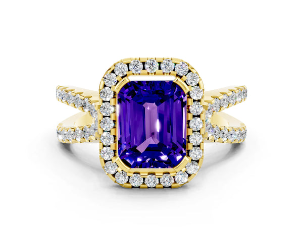 Yellow gold Emerald Cut Tanzanite Halo Ring with Split Shank Pavé Band and Prong Setting