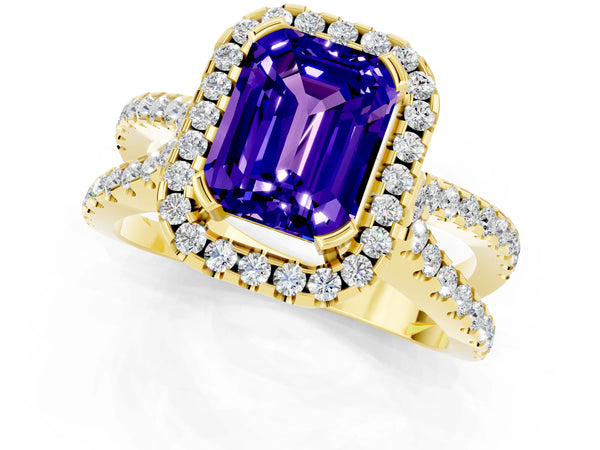 Yellow gold Emerald Cut Tanzanite Halo Ring with Split Shank Pavé Band and Prong Setting