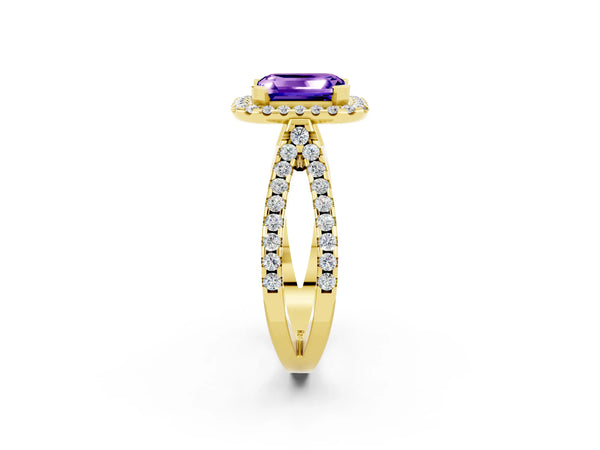 Yellow gold Emerald Cut Tanzanite Halo Ring with Split Shank Pavé Band and Prong Setting