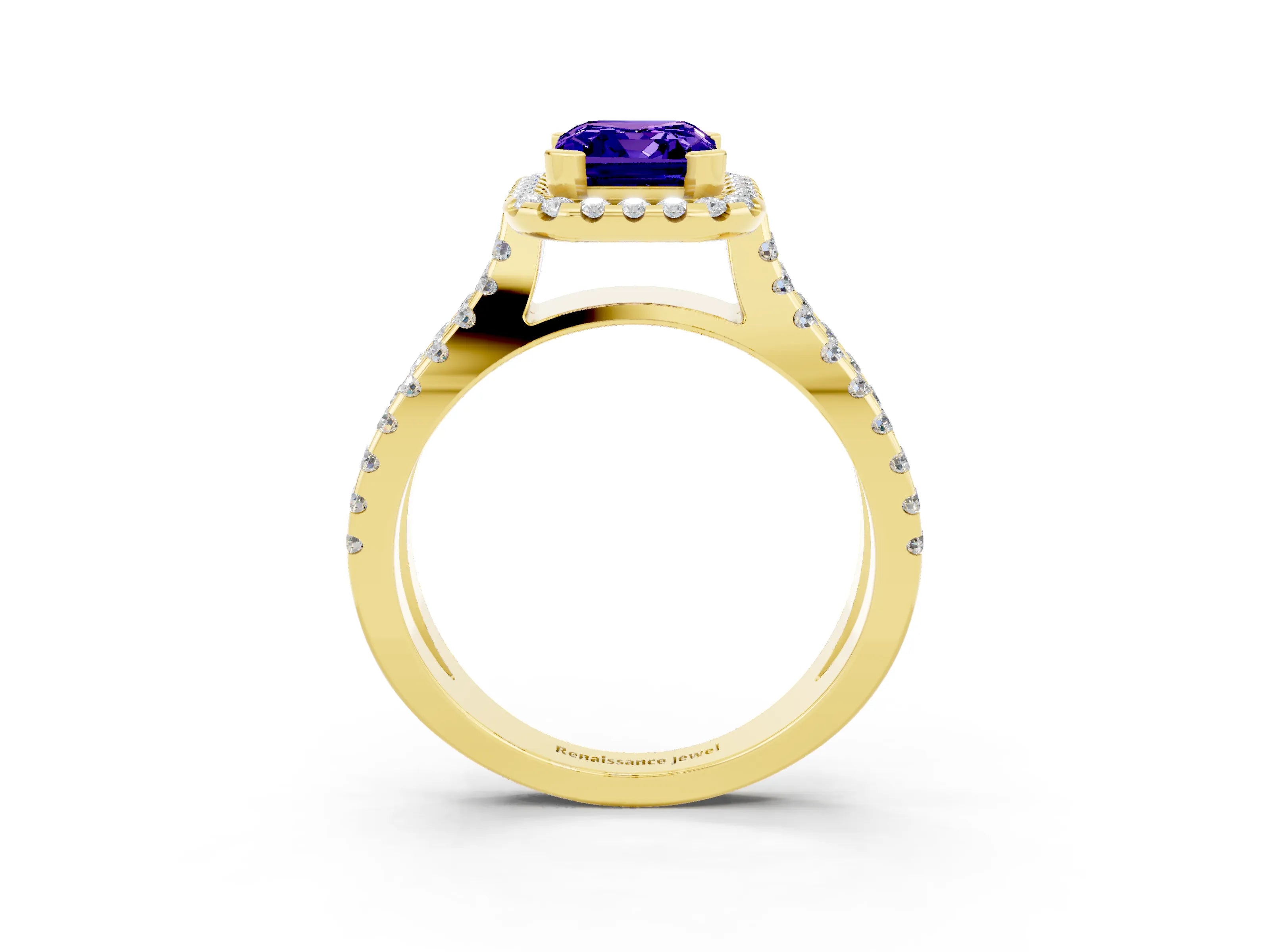 Yellow gold Emerald Cut Tanzanite Halo Ring with Split Shank Pavé Band and Prong Setting_3