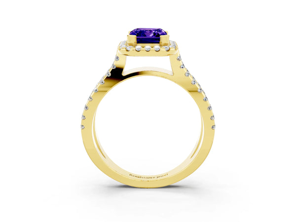 Yellow gold Emerald Cut Tanzanite Halo Ring with Split Shank Pavé Band and Prong Setting