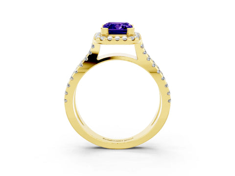 Yellow gold Emerald Cut Tanzanite Halo Ring with Split Shank Pavé Band and Prong Setting_3