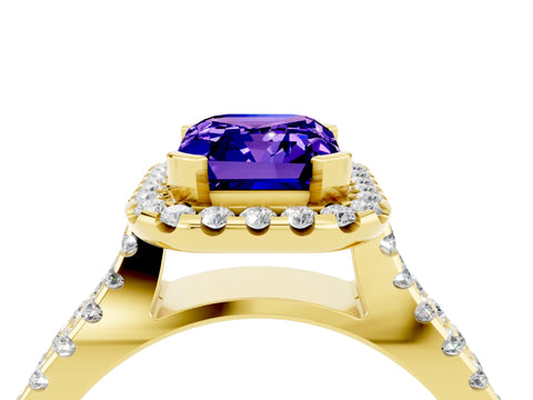 Yellow gold Emerald Cut Tanzanite Halo Ring with Split Shank Pavé Band and Prong Setting_4