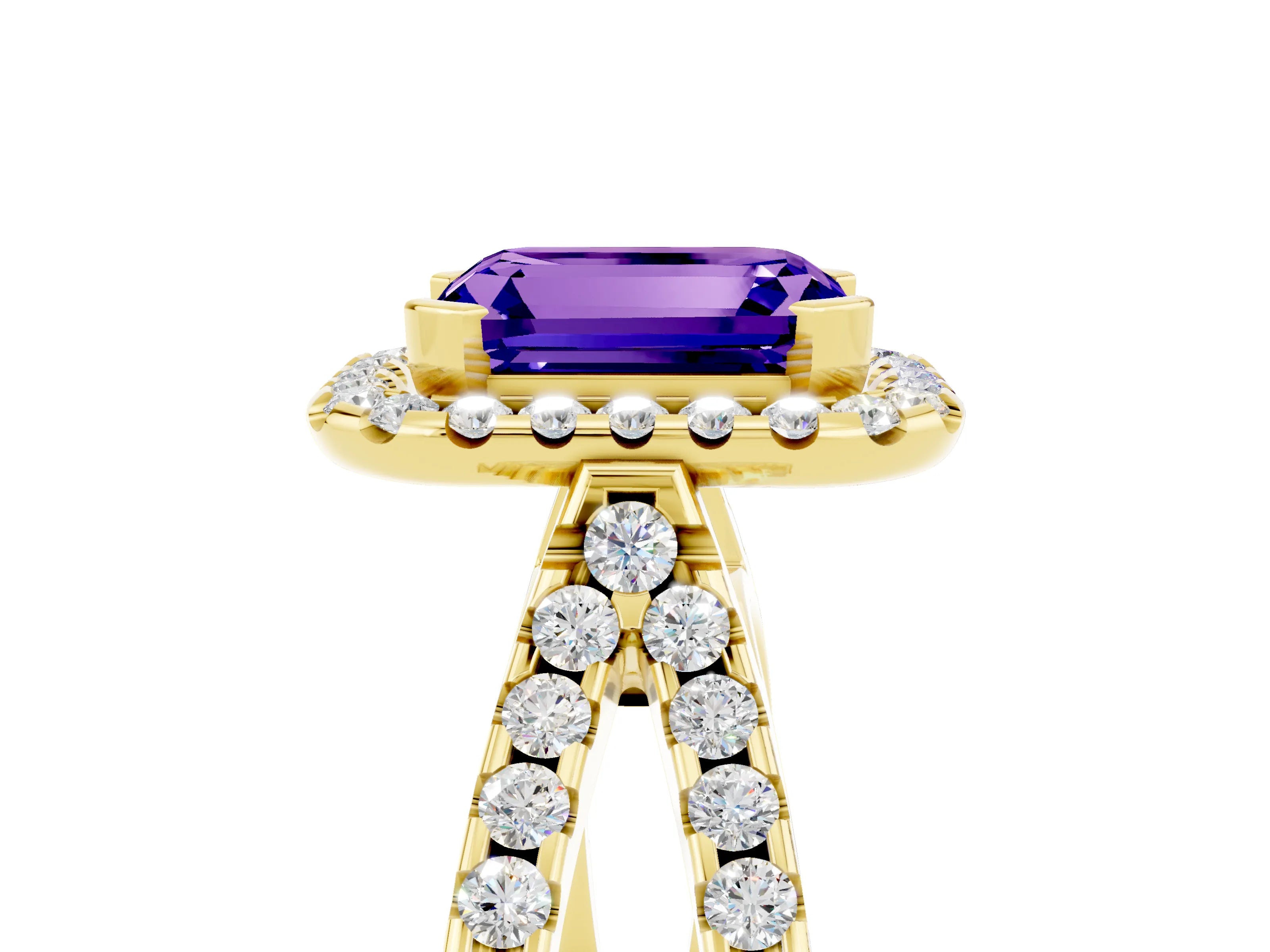 Yellow gold Emerald Cut Tanzanite Halo Ring with Split Shank Pavé Band and Prong Setting_5