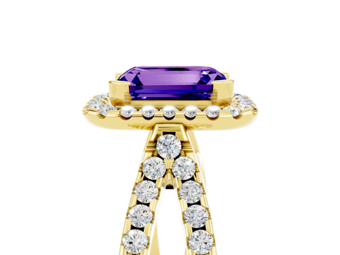 Yellow gold Emerald Cut Tanzanite Halo Ring with Split Shank Pavé Band and Prong Setting_5
