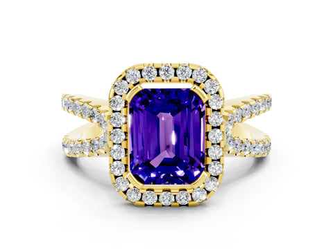 Yellow gold Emerald Cut Tanzanite Halo Ring with Split Shank Pavé Band and Prong Setting