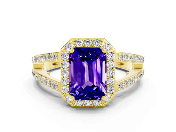 Yellow gold Emerald Cut Tanzanite Halo Ring with Split Shank U-Prong Band and Four-Prong Setting