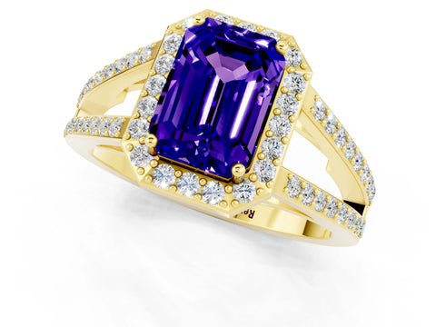 Yellow gold Emerald Cut Tanzanite Halo Ring with Split Shank U-Prong Band and Four-Prong Setting_1