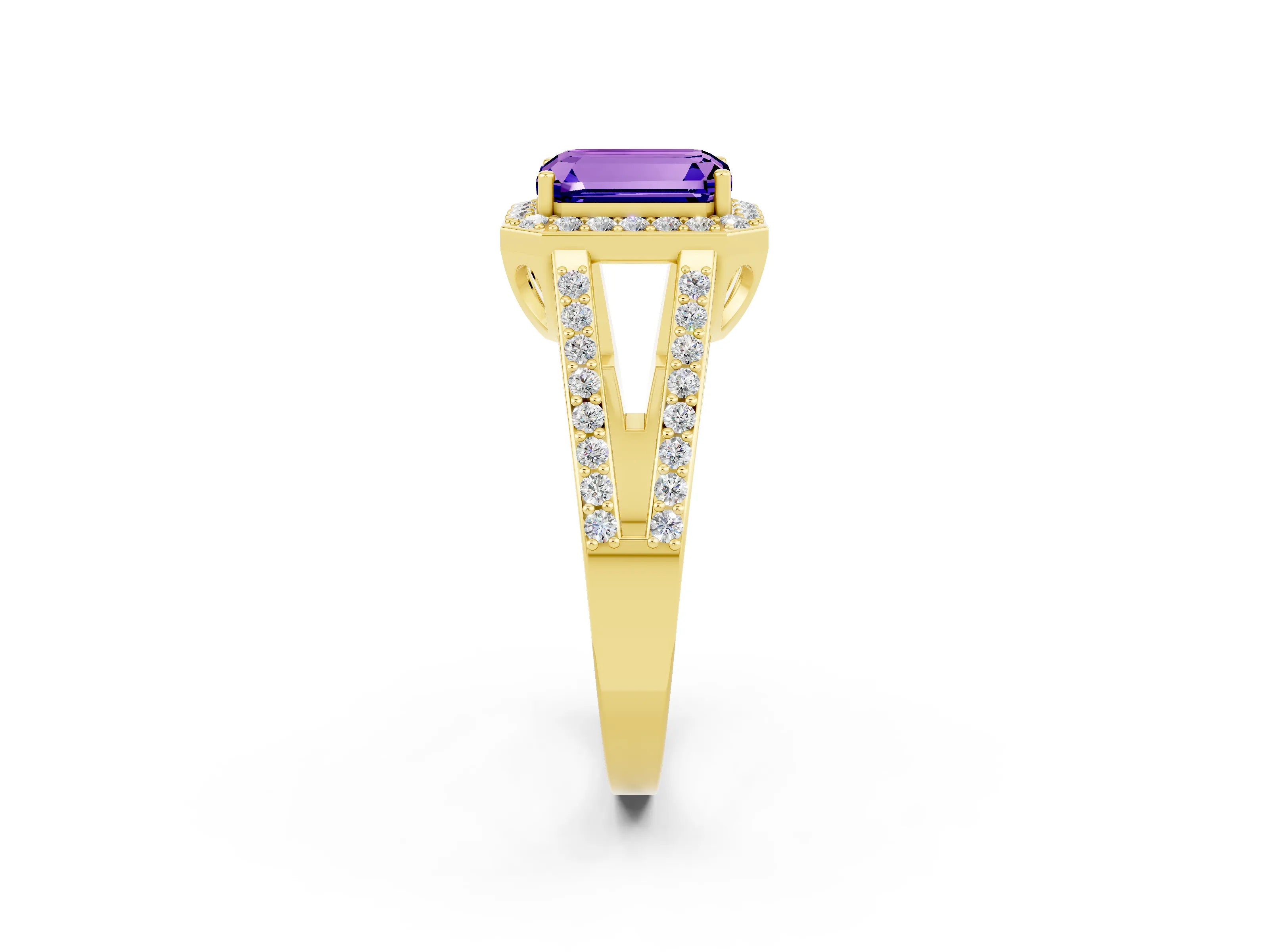 Yellow gold Emerald Cut Tanzanite Halo Ring with Split Shank U-Prong Band and Four-Prong Setting_2