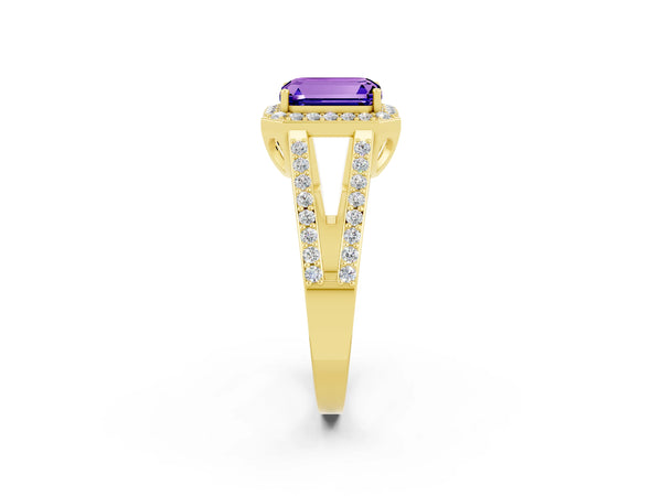 Yellow gold Emerald Cut Tanzanite Halo Ring with Split Shank U-Prong Band and Four-Prong Setting